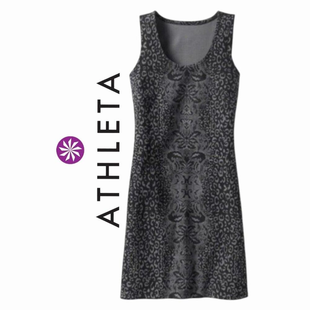 Athleta Shayla Sleeveless Tank Shift Dress Black Gray Animal Cheetah Print Small
